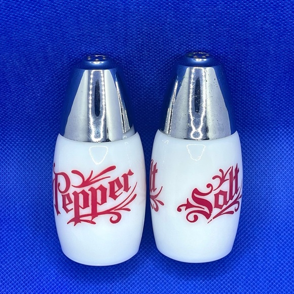 Vintage White Milk Glass Salt and Pepper Shaker. Silver Tops W/ Red Writing - Picture 2 of 4